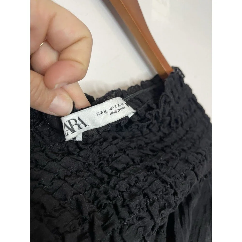Zara Women's Medium Black Textured Stretchy Criss Cross Long Sleeve Top Blouse